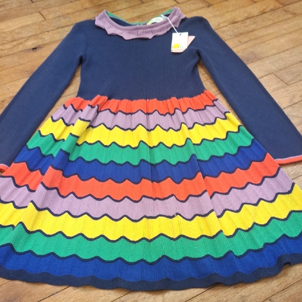 Mini Boden Navy Dress with Rainbow Stripes